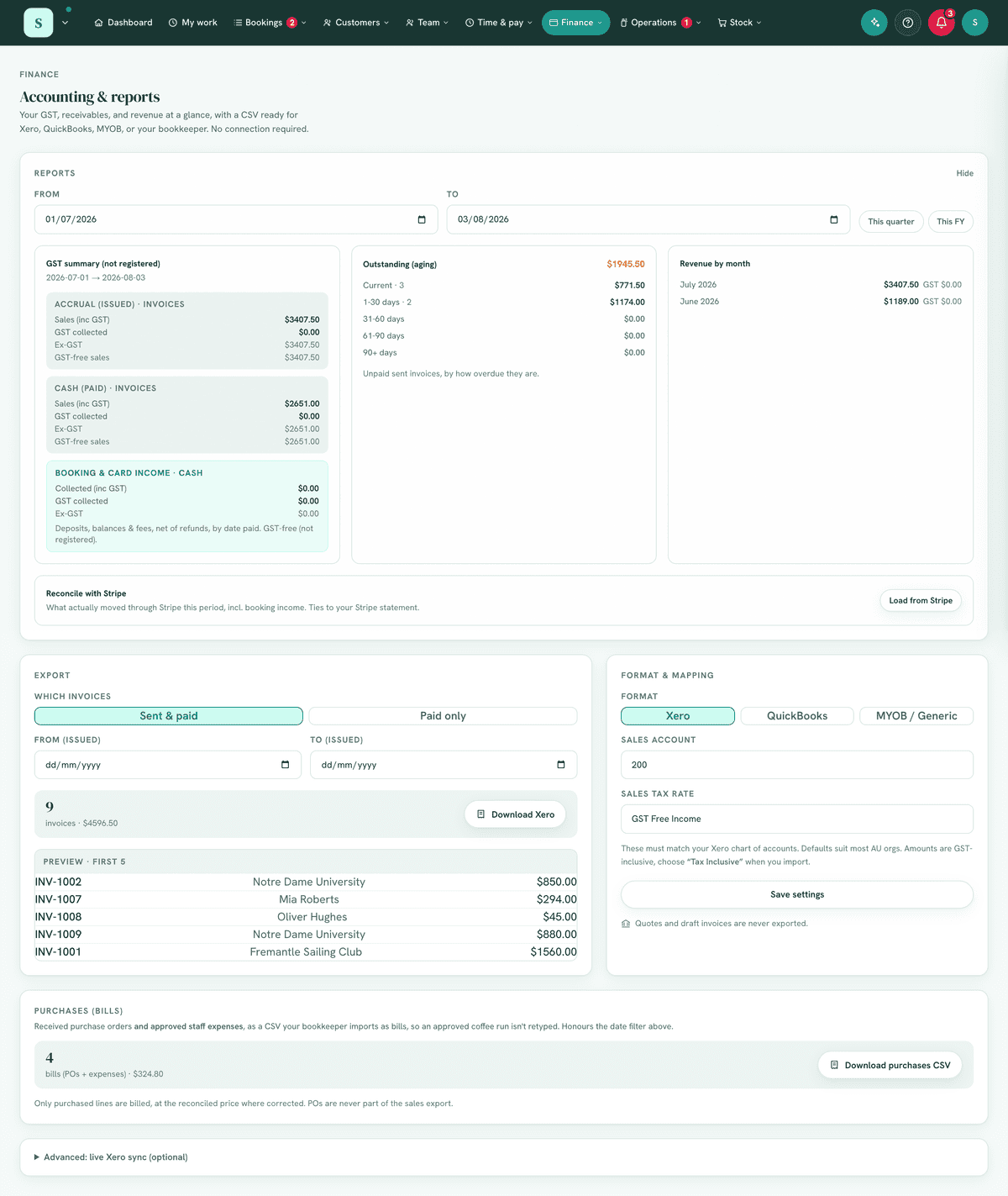 Export panel with a date range set and the preview showing.