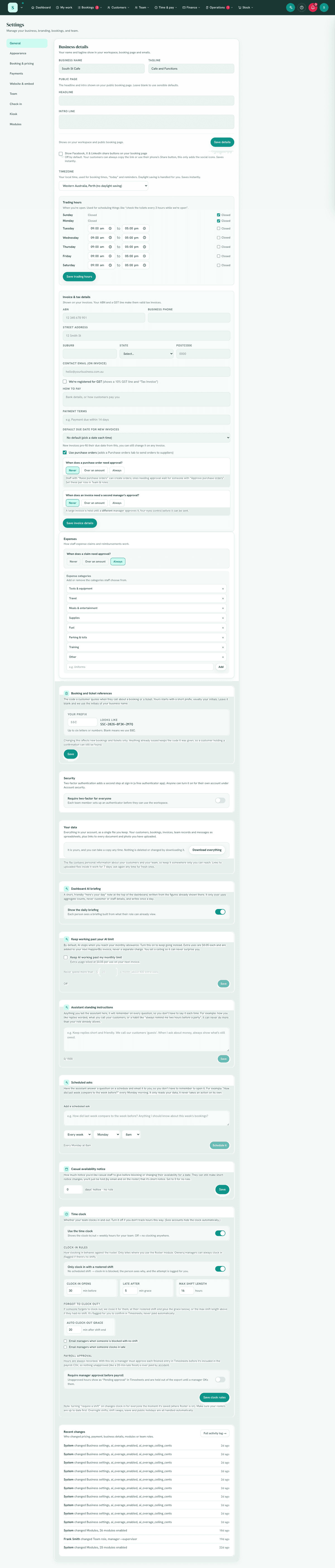 Settings → Modules, modules grouped with toggles.