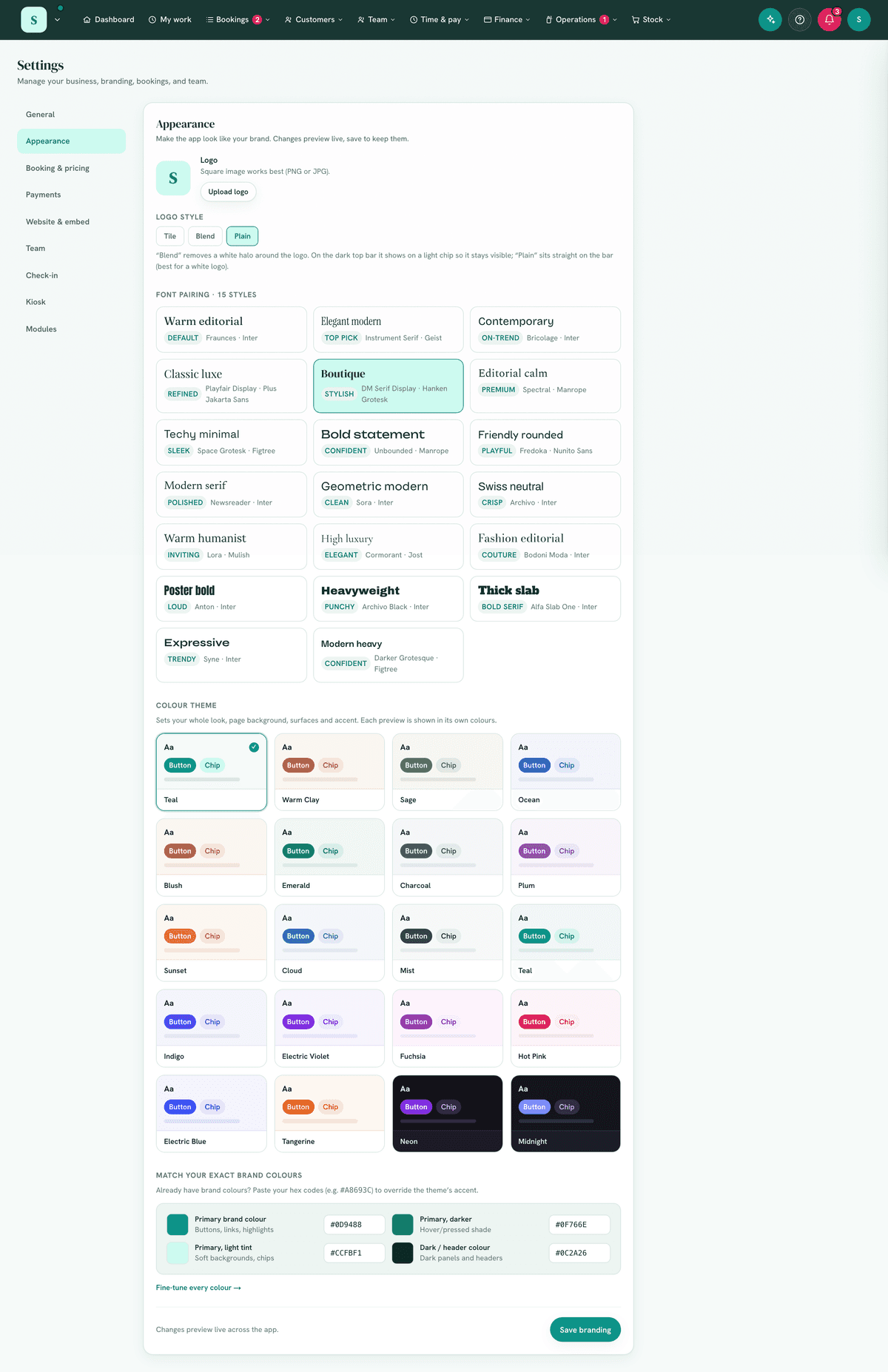Settings → Appearance (logo + colours).