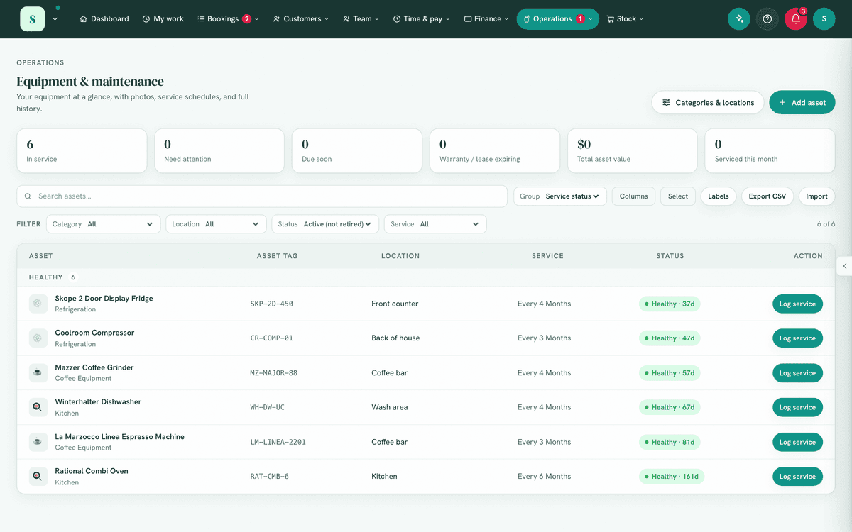 The assets list grouped "Smart", with health chips visible.