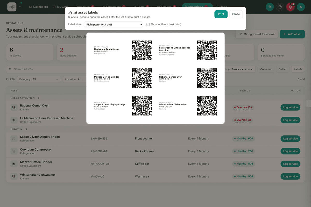 The QR label sheet ready to print.
