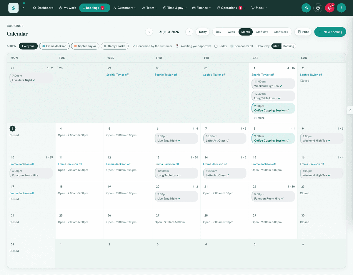 Month view with bookings.