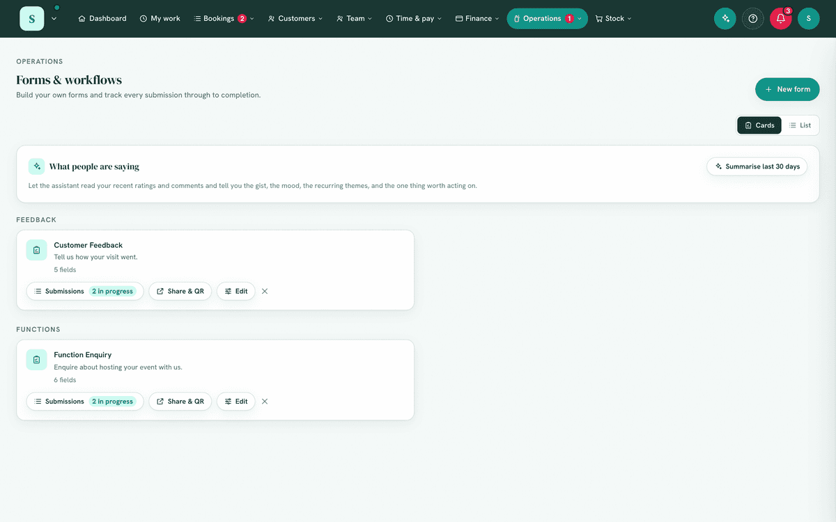 The forms list with Submissions buttons.