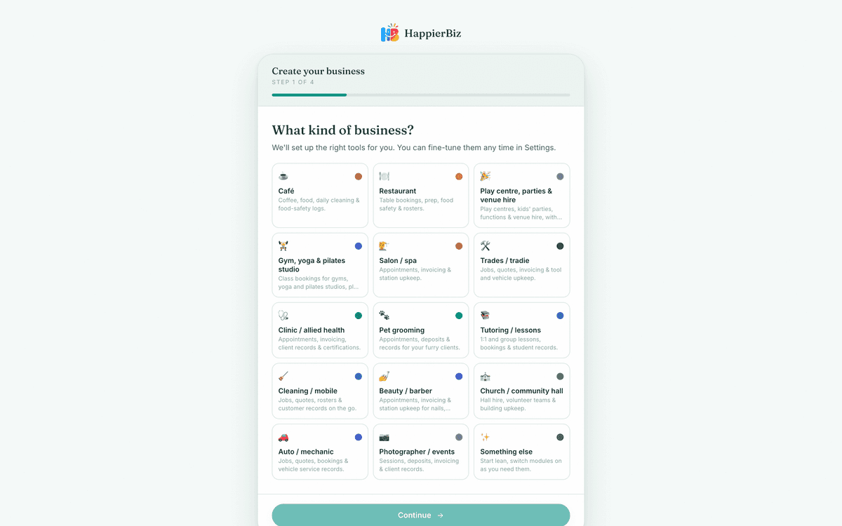 The sign-up page with business name, email and password fields.
