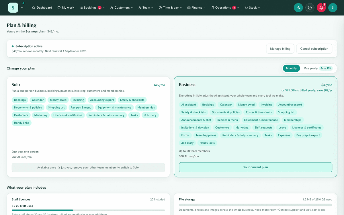 The Plan & billing page during a trial, showing days remaining.
