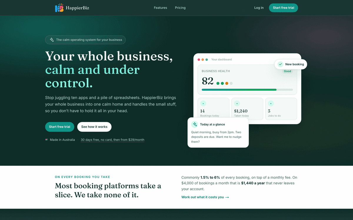 The HappierBiz marketing home page, showing the product name and tagline.