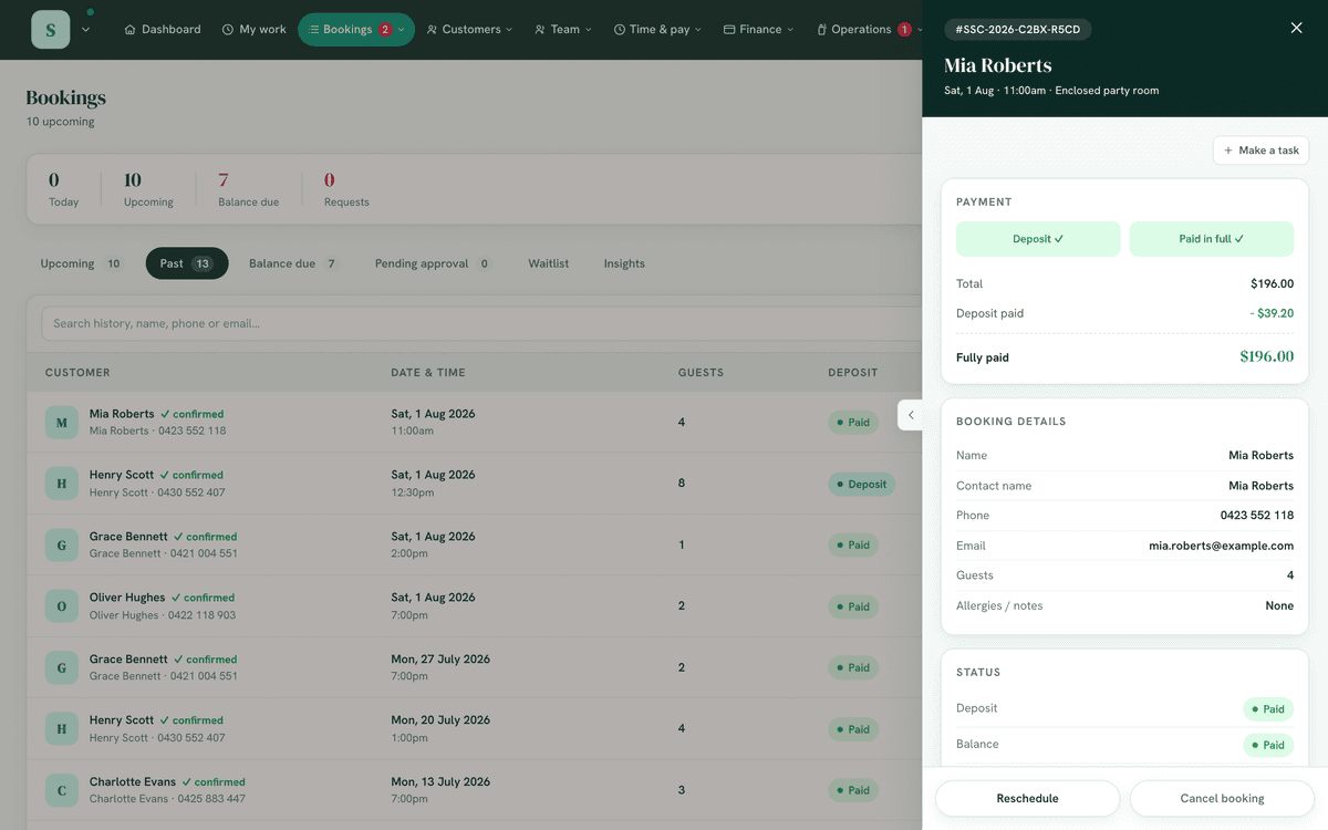 The per-booking Invitations panel in the booking drawer.