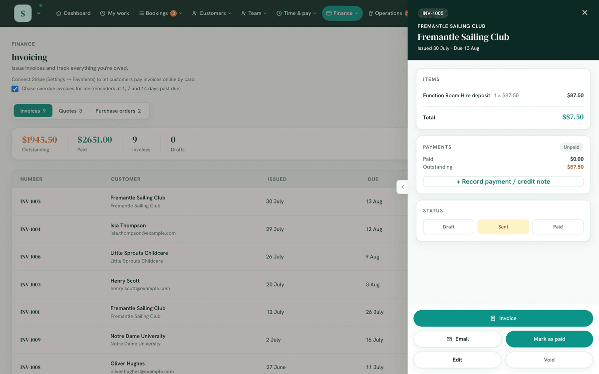 An invoice's detail with line items and status actions.