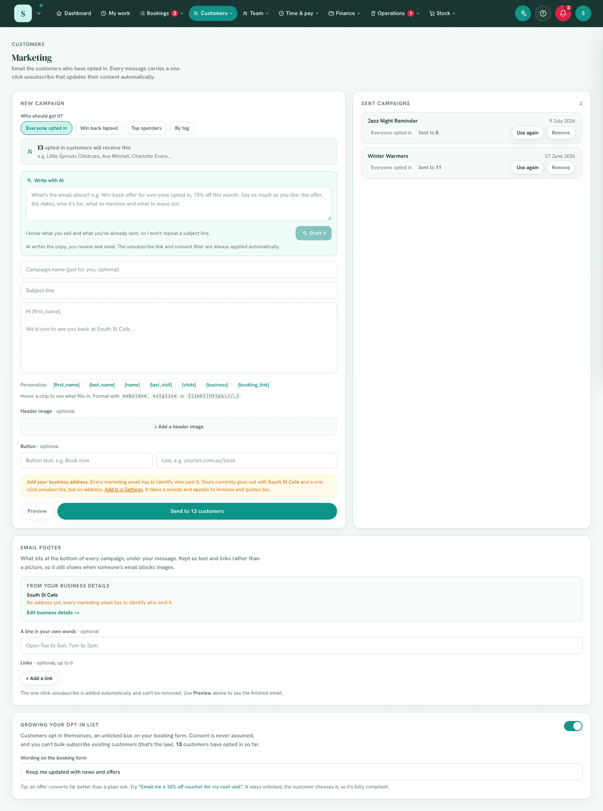 The campaign builder with audience preview.