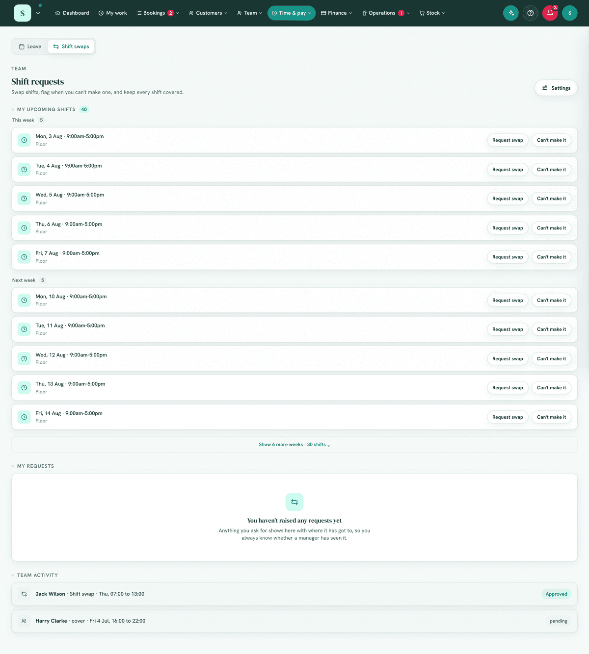 The Shift requests inbox with pending items.