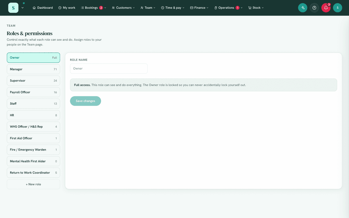 The Roles & permissions grid, showing a role with its permission checkboxes.