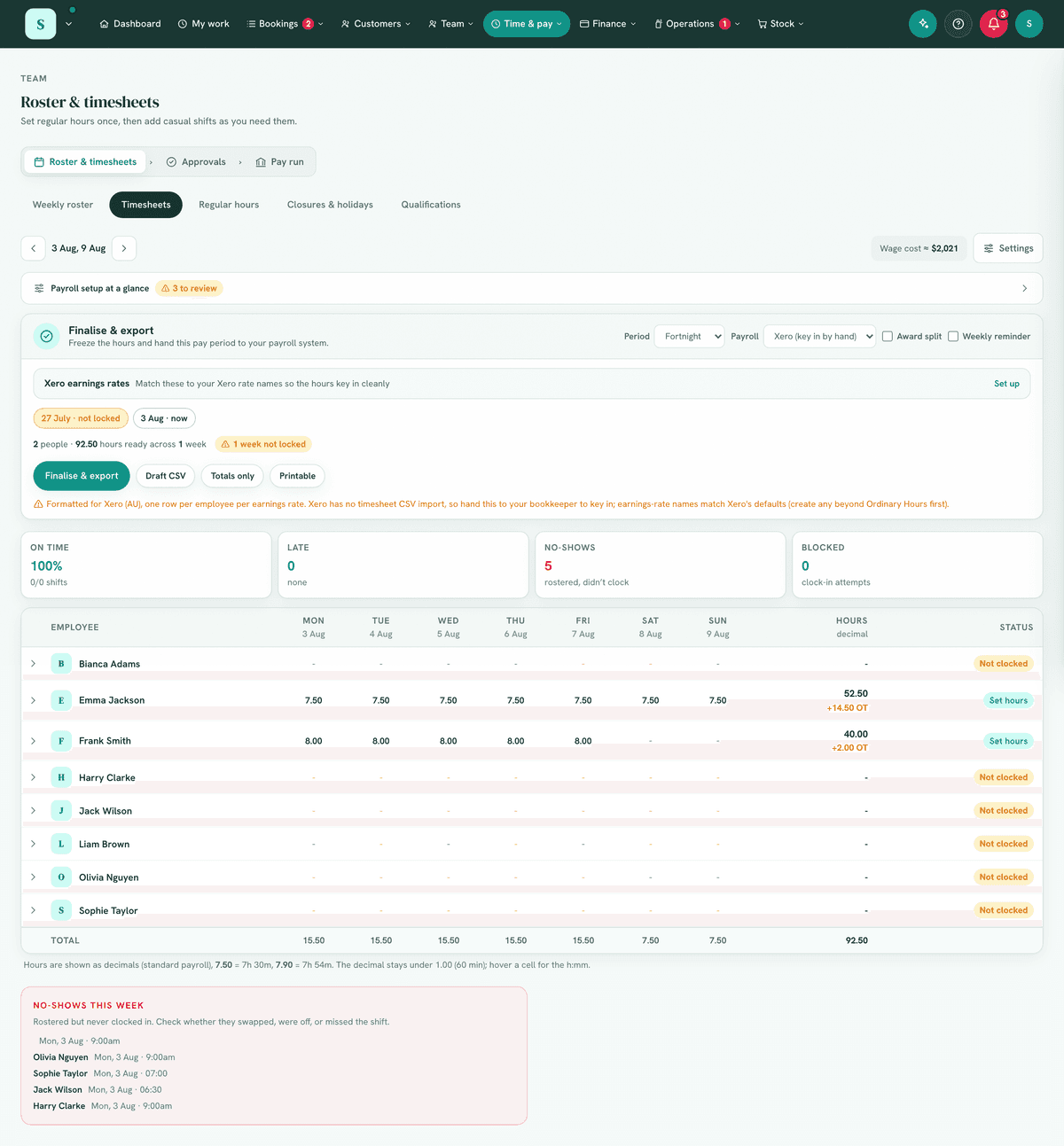The timesheets view with "Approve week" and export.
